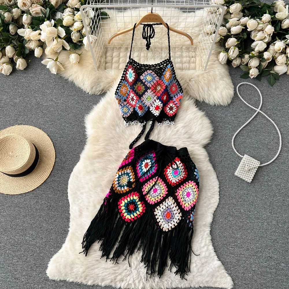 Omura Two Piece Crochet Blouse with Skirt Set