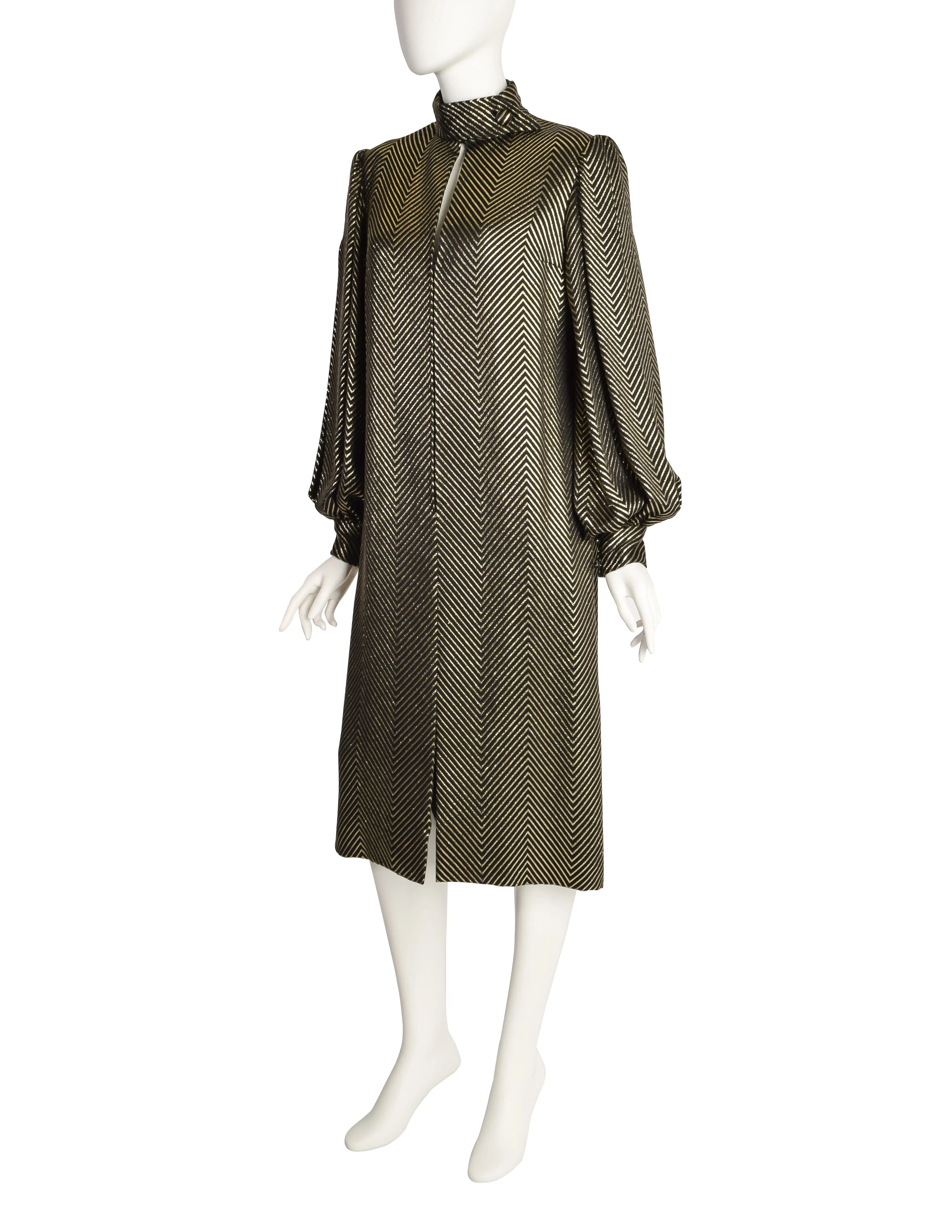 Pauline Trigere Vintage Black Silk and Gold Lurex Chevron Dramatic Sleeve Dress