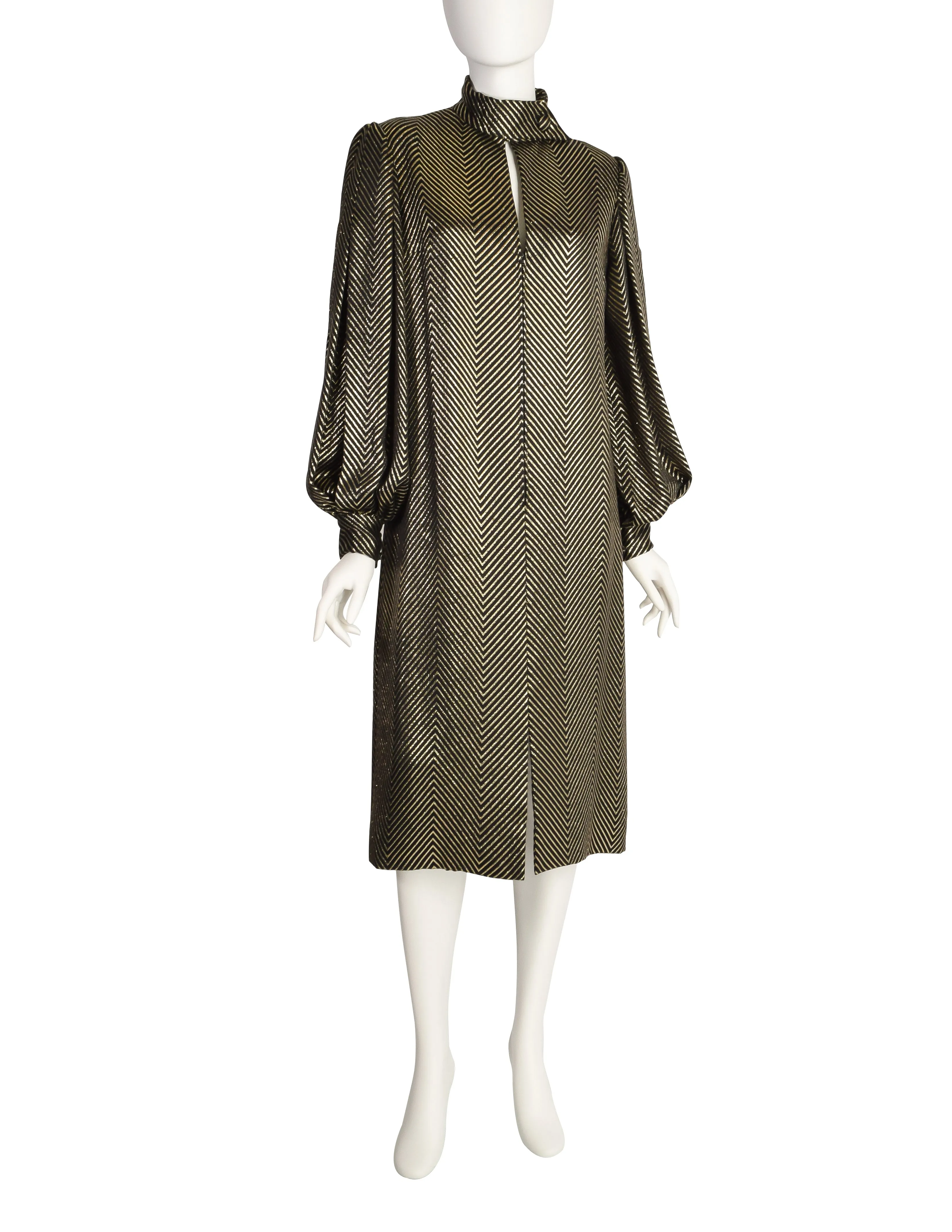 Pauline Trigere Vintage Black Silk and Gold Lurex Chevron Dramatic Sleeve Dress