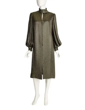 Pauline Trigere Vintage Black Silk and Gold Lurex Chevron Dramatic Sleeve Dress