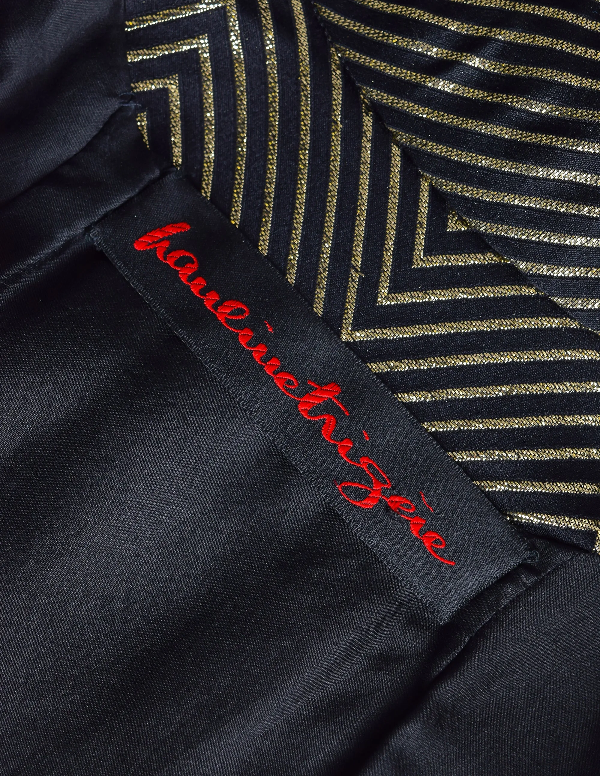 Pauline Trigere Vintage Black Silk and Gold Lurex Chevron Dramatic Sleeve Dress