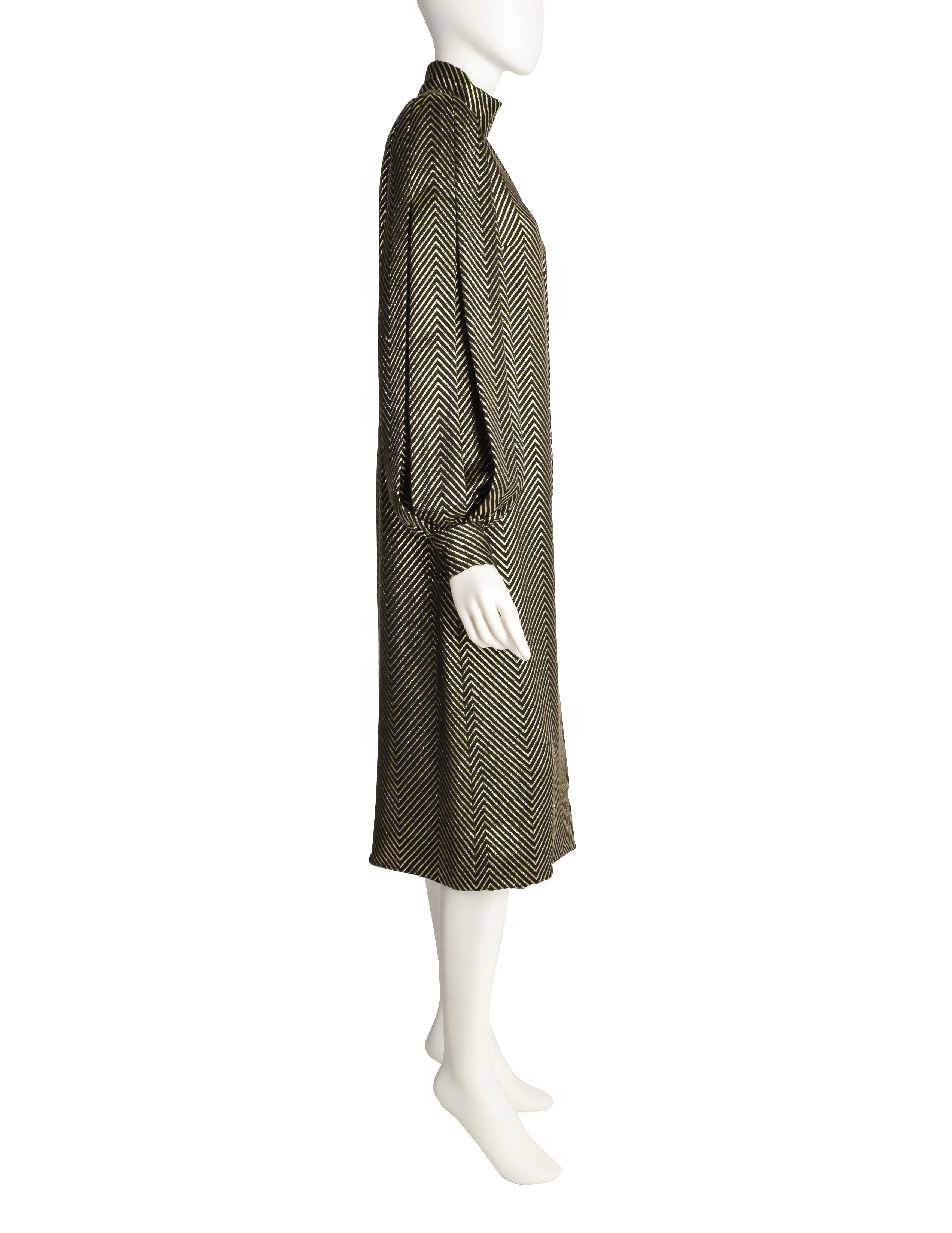 Pauline Trigere Vintage Black Silk and Gold Lurex Chevron Dramatic Sleeve Dress