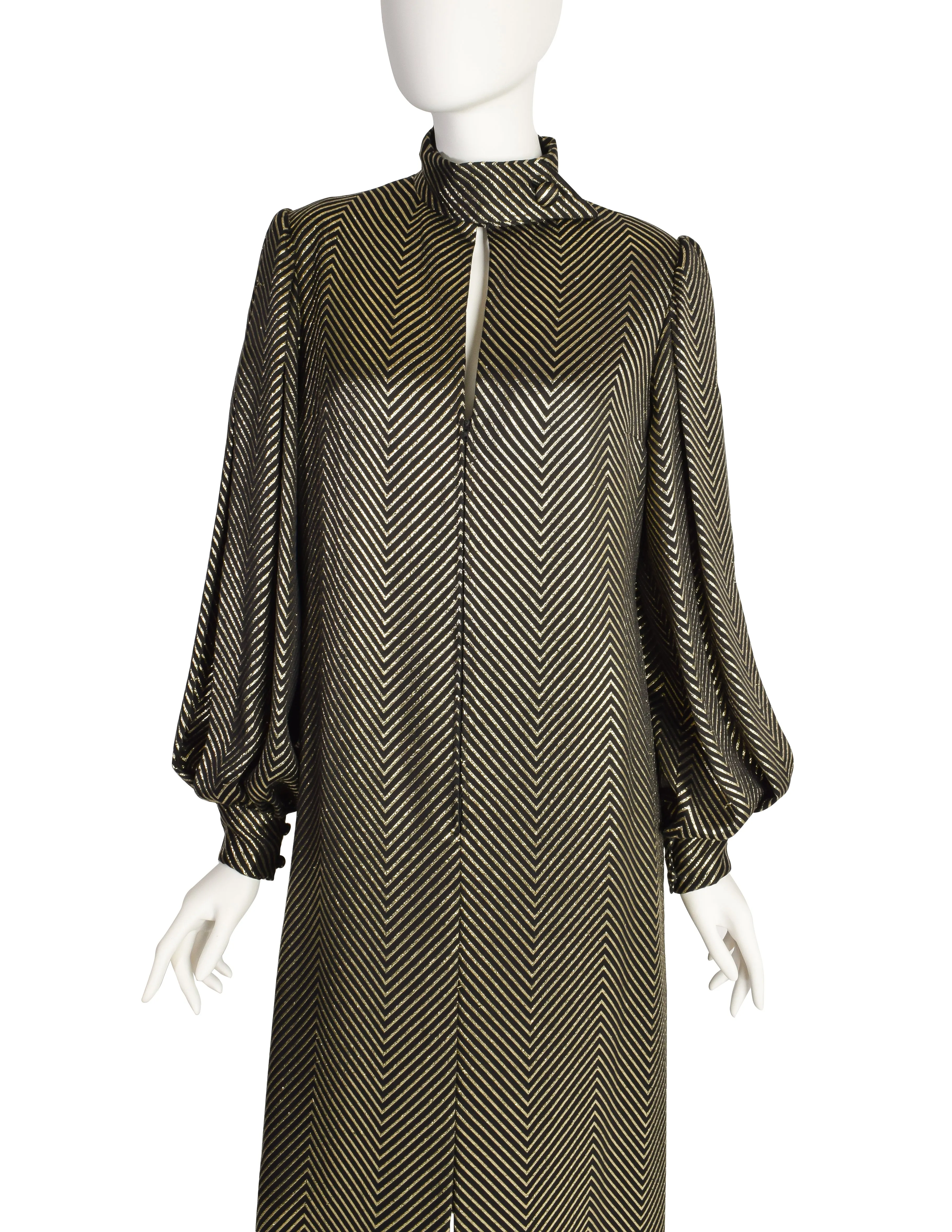 Pauline Trigere Vintage Black Silk and Gold Lurex Chevron Dramatic Sleeve Dress