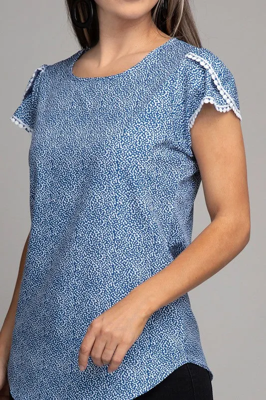 Petal Sleeve Satin Top with Lace Trim