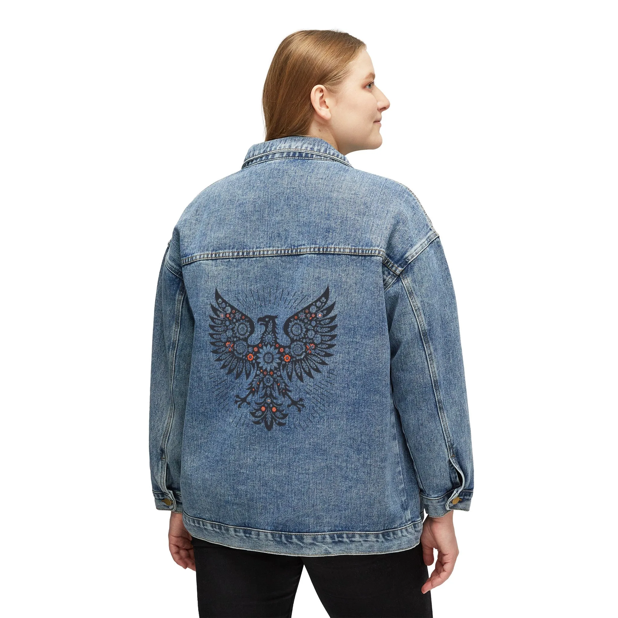 Polish Folk  Eagle Art Women's Denim Jacket Wycinanki Pattern