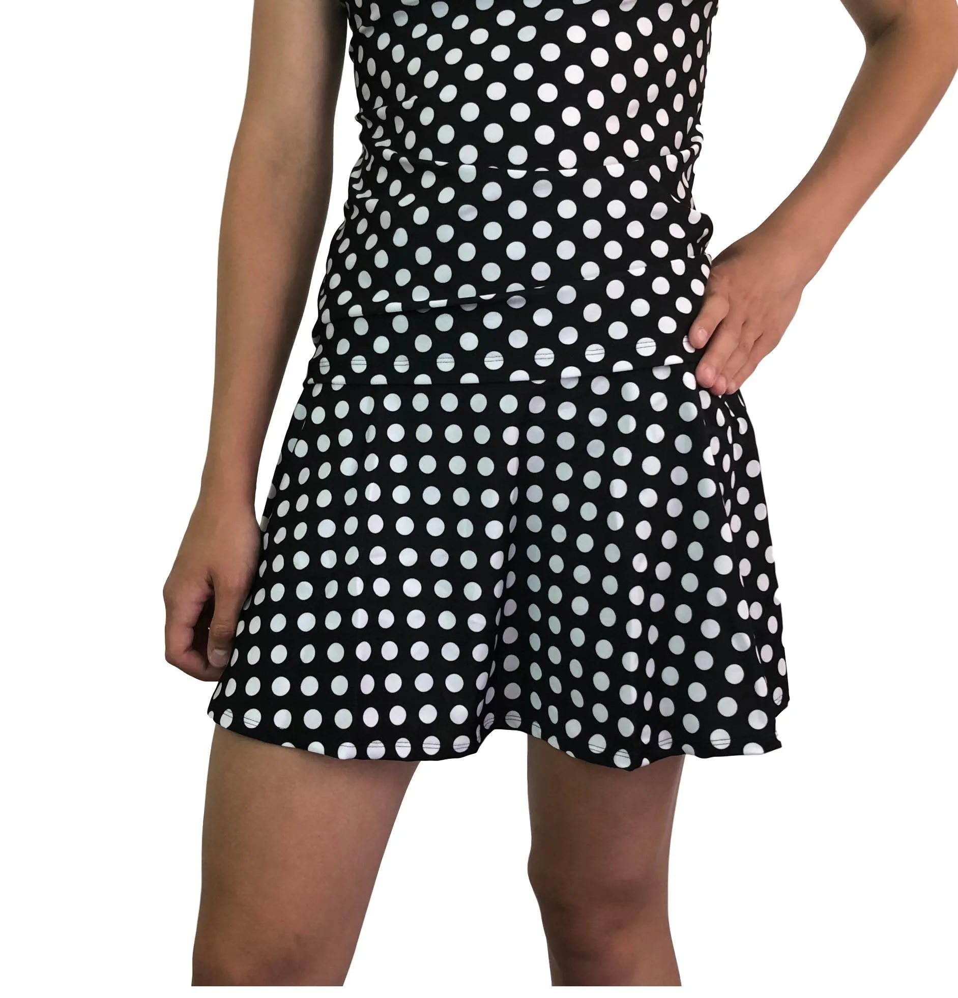 Polka Dot Athletic Flare Skirt w/ compression shorts and pocket- tennis skirt, golf skirt, running skirt