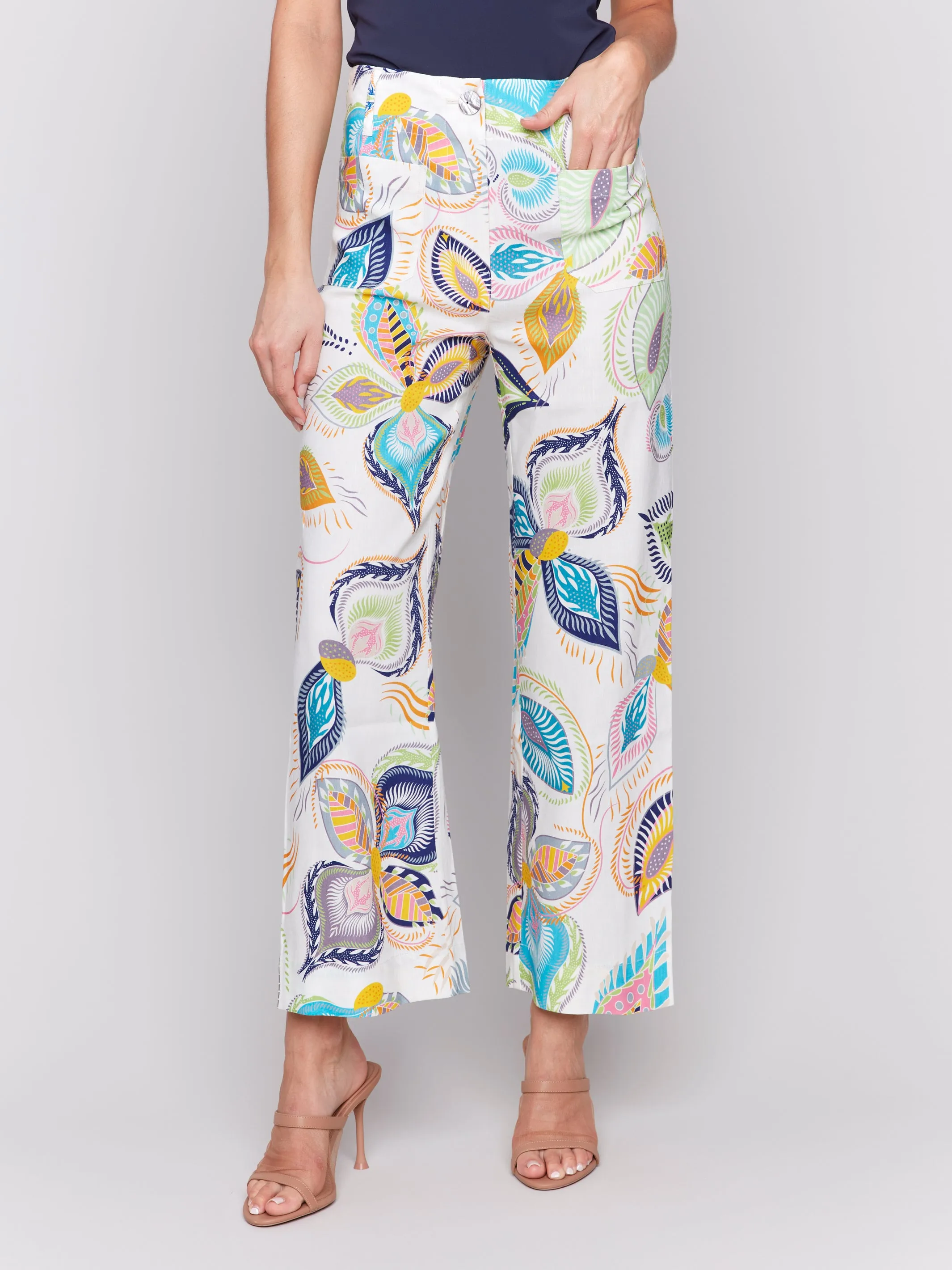 Printed Cropped Linen Blend Pants Feathers by Charlie B