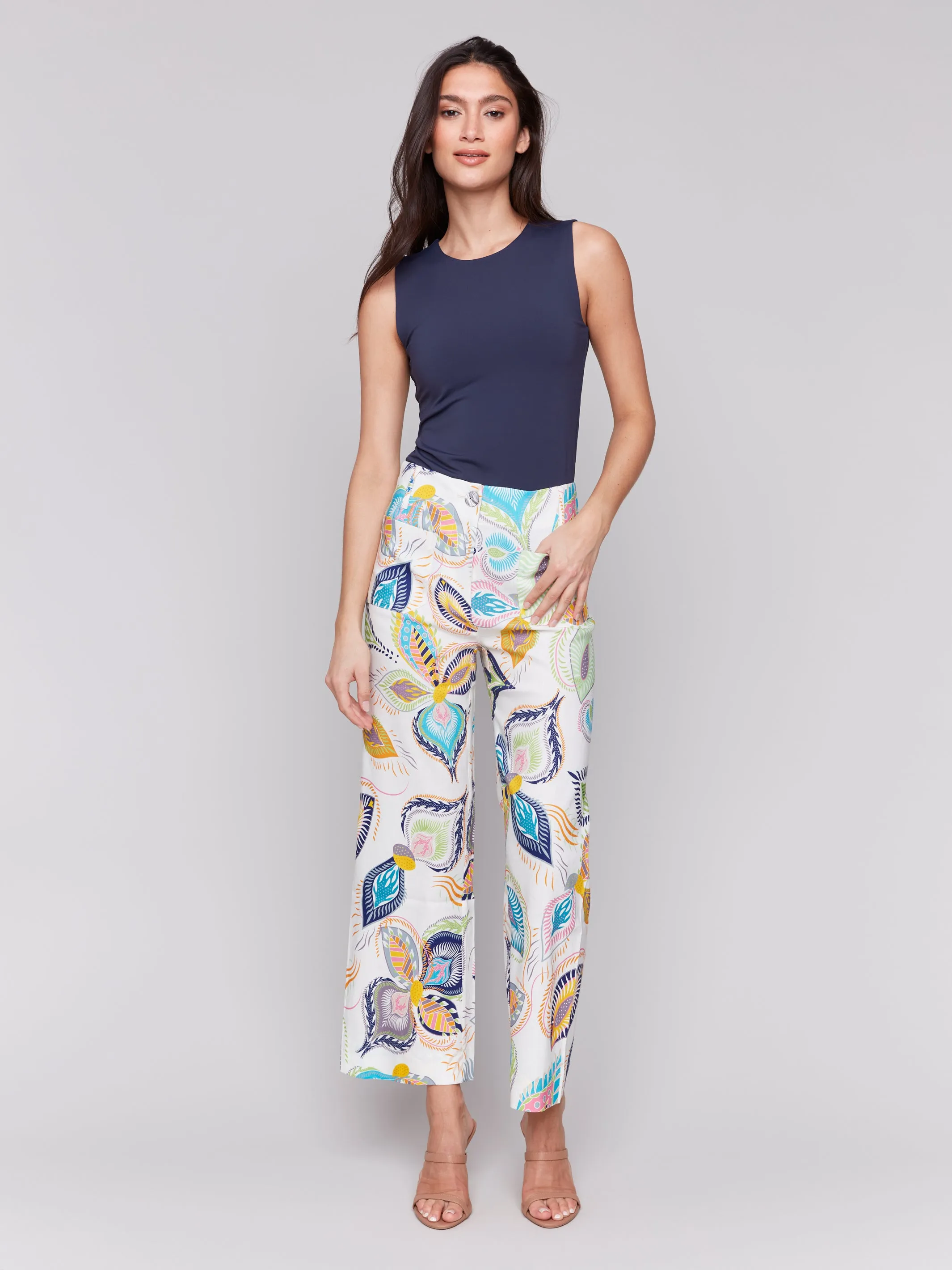 Printed Cropped Linen Blend Pants Feathers by Charlie B