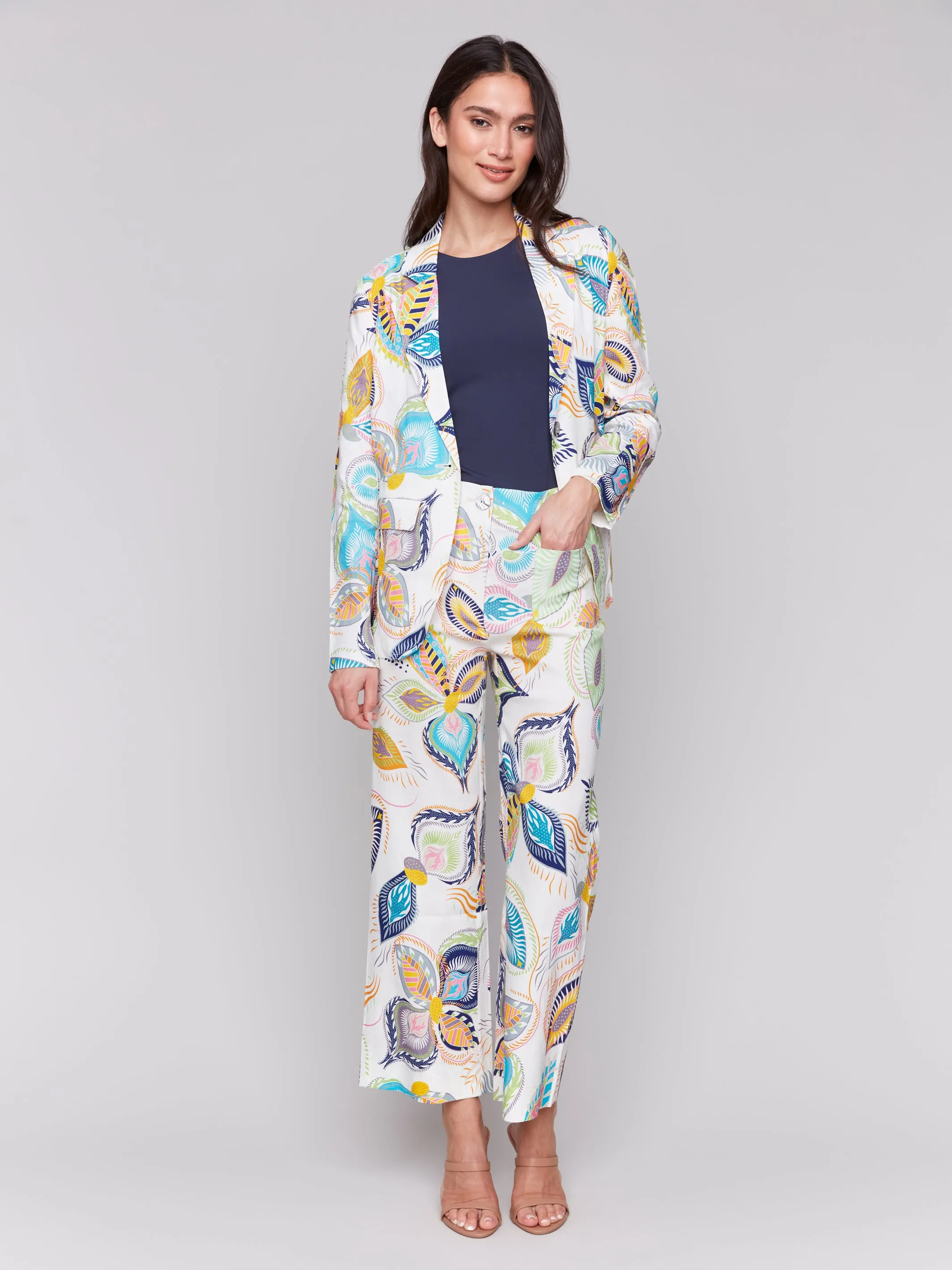 Printed Cropped Linen Blend Pants Feathers by Charlie B