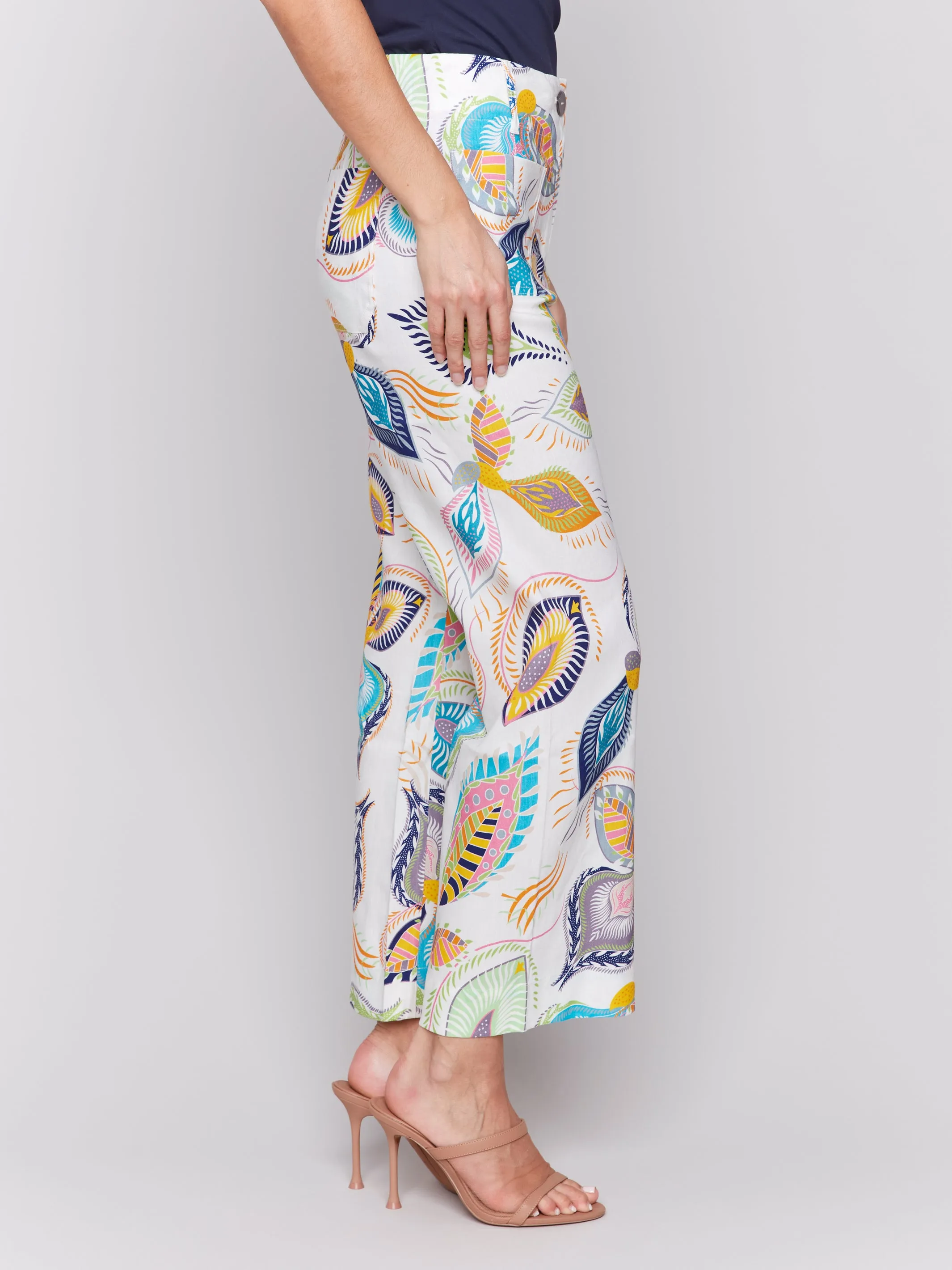 Printed Cropped Linen Blend Pants Feathers by Charlie B
