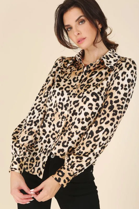 Satin Long Sleeve Leopard Blouse