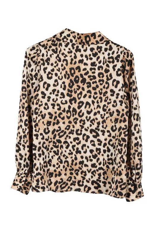 Satin Long Sleeve Leopard Blouse