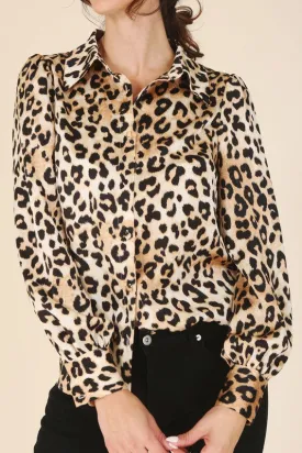 Satin Long Sleeve Leopard Blouse