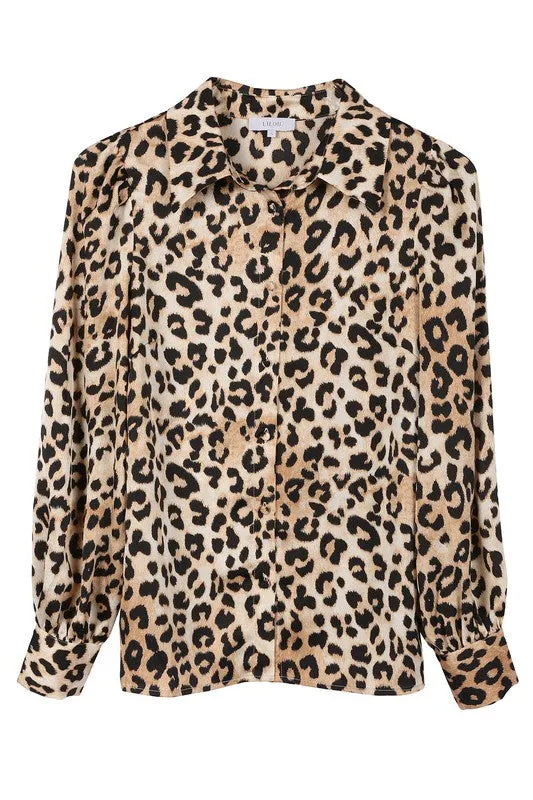 Satin Long Sleeve Leopard Blouse