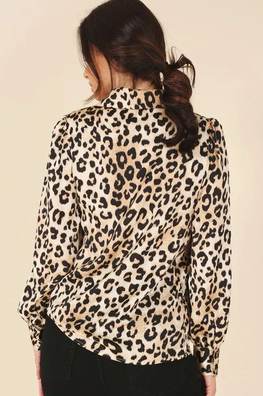 Satin Long Sleeve Leopard Blouse