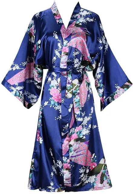 Silky Satin Floral Short Kimono Bathrobe