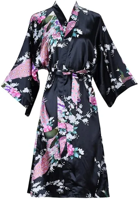 Silky Satin Floral Short Kimono Bathrobe
