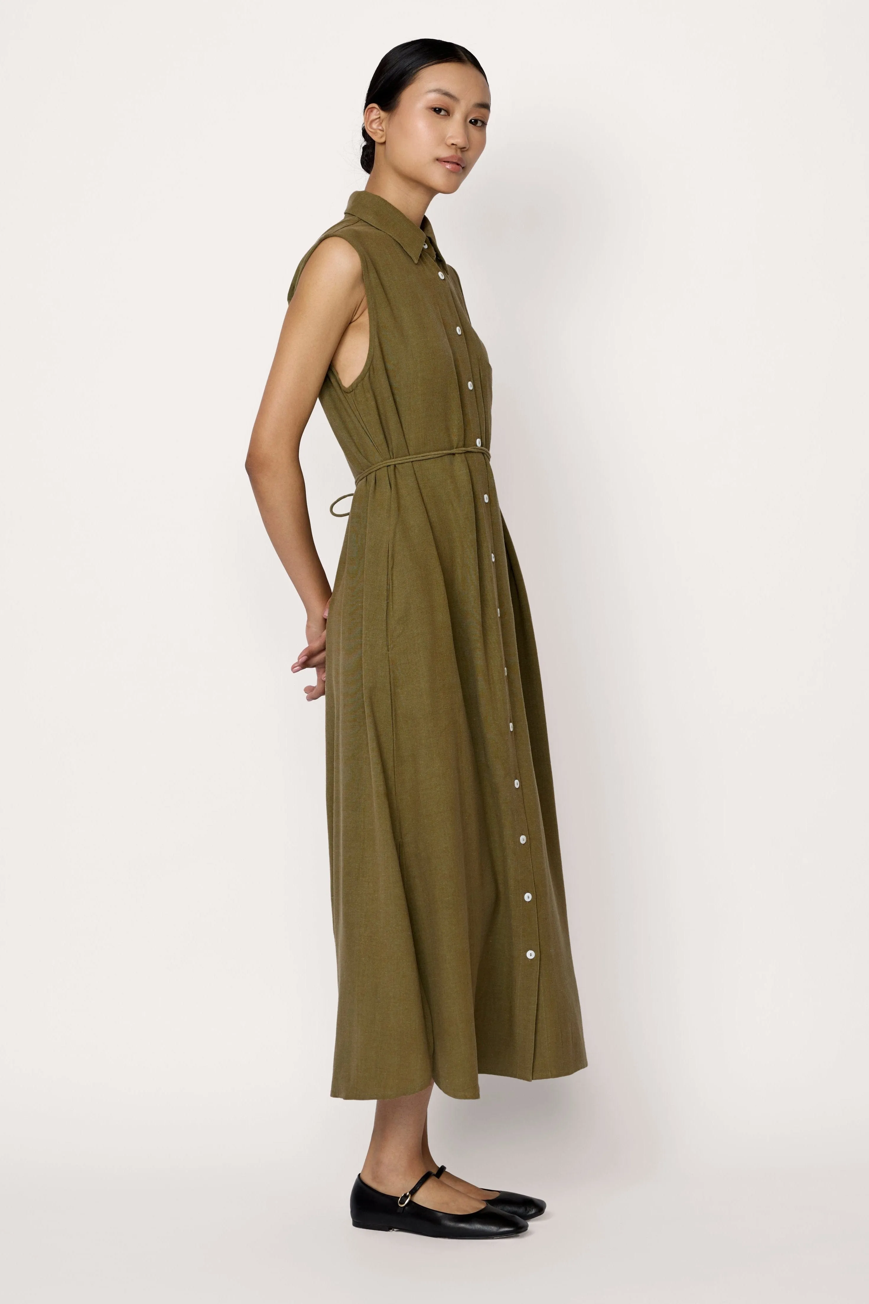 Sleeveless Shirt Dress - Olive Branch