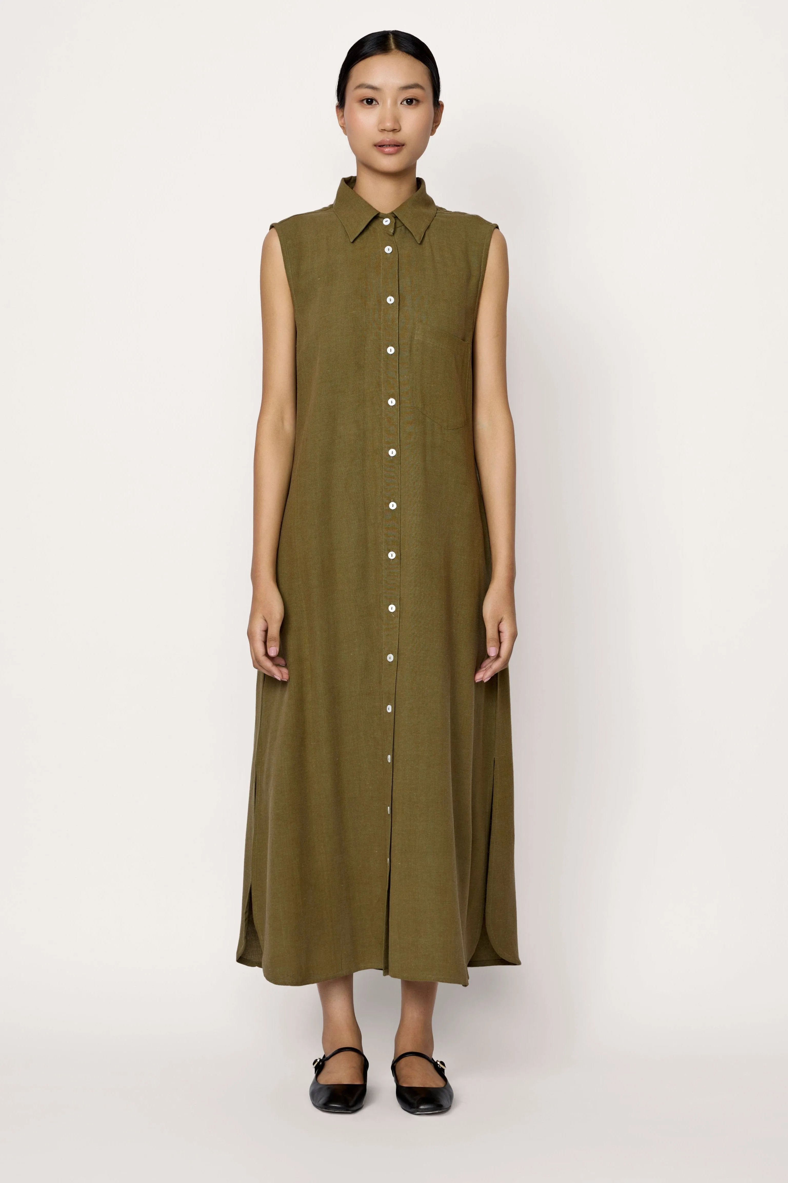 Sleeveless Shirt Dress - Olive Branch