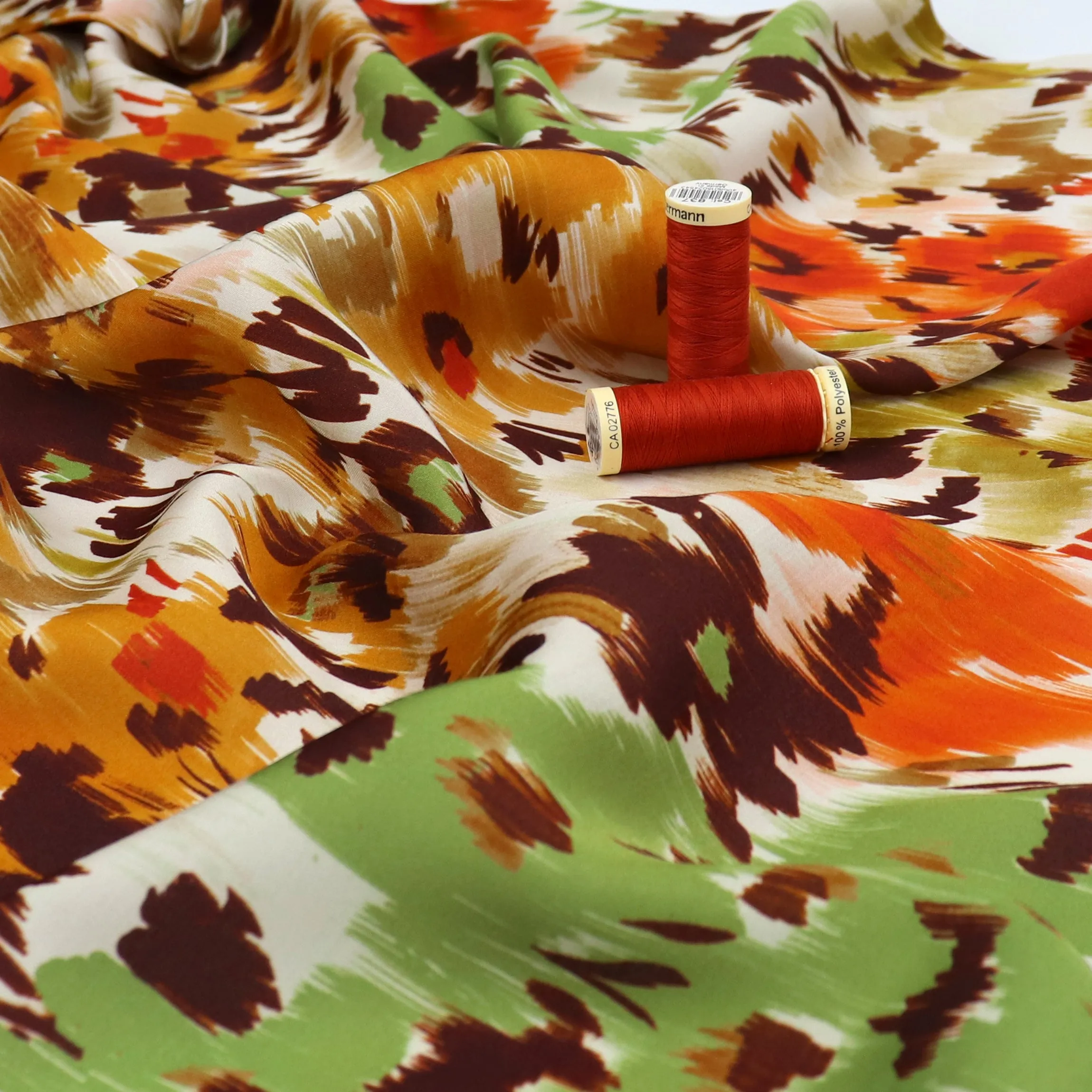 Viscose Satin - Abstract Flower Meadow - Green   Orange