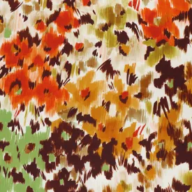 Viscose Satin - Abstract Flower Meadow - Green   Orange