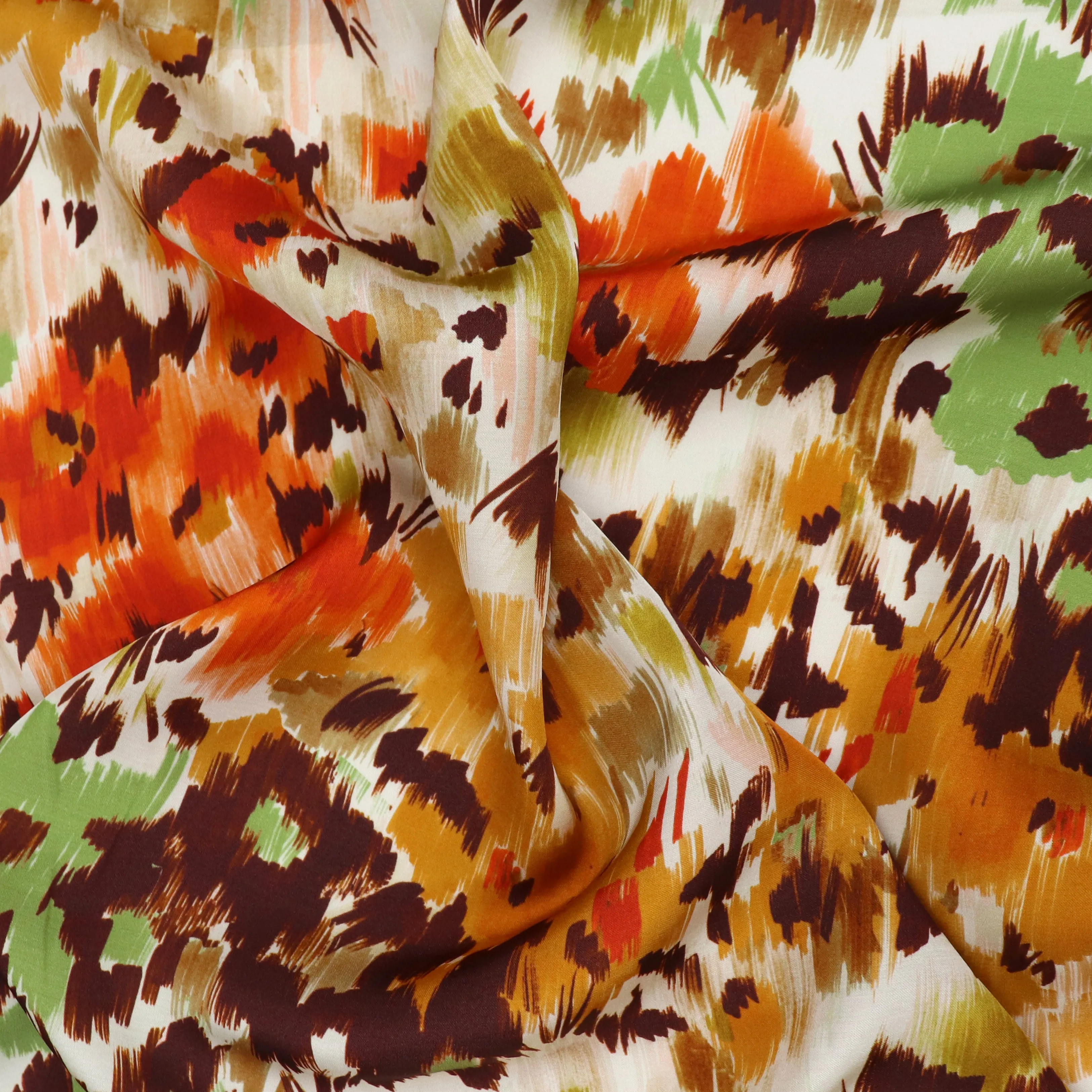 Viscose Satin - Abstract Flower Meadow - Green   Orange