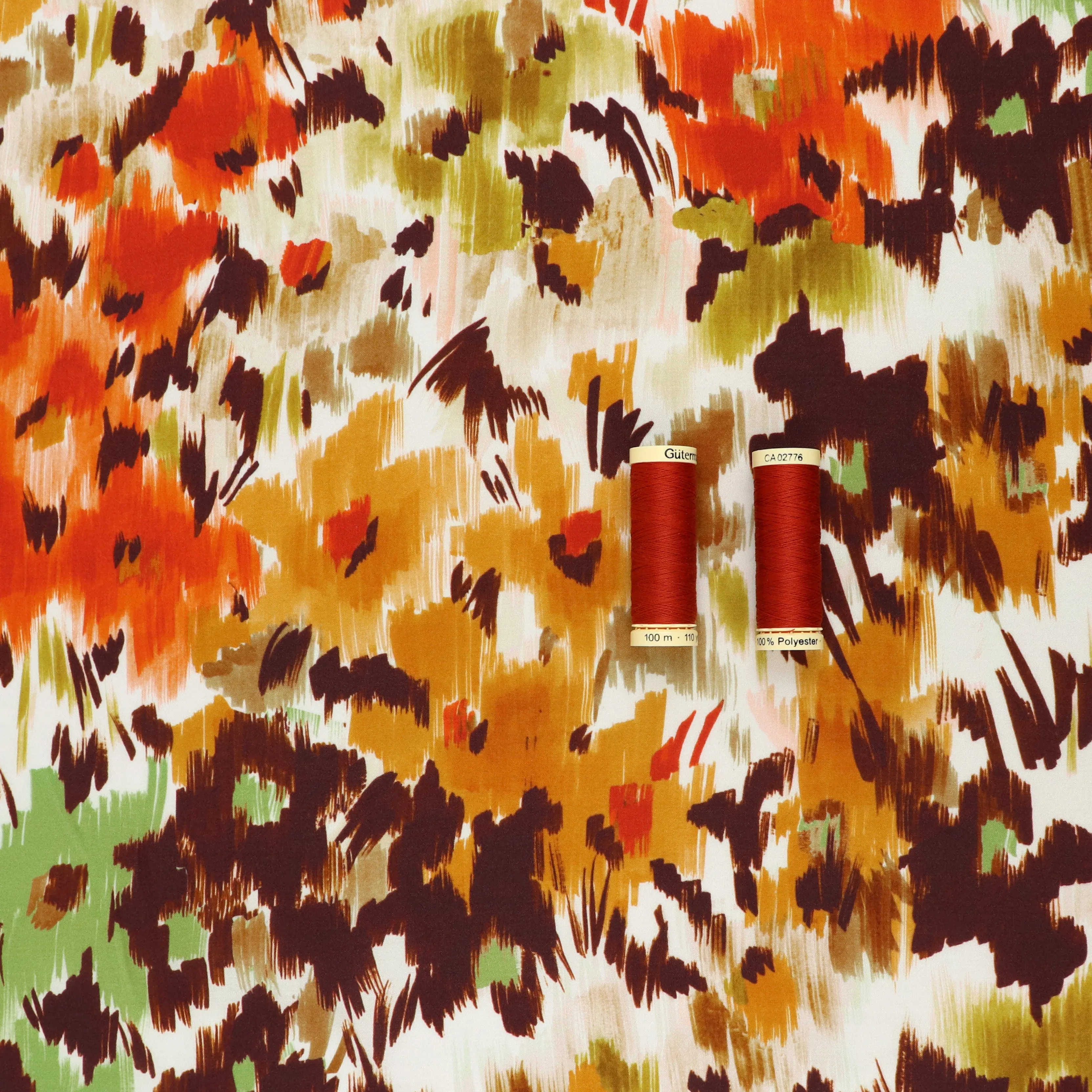 Viscose Satin - Abstract Flower Meadow - Green   Orange