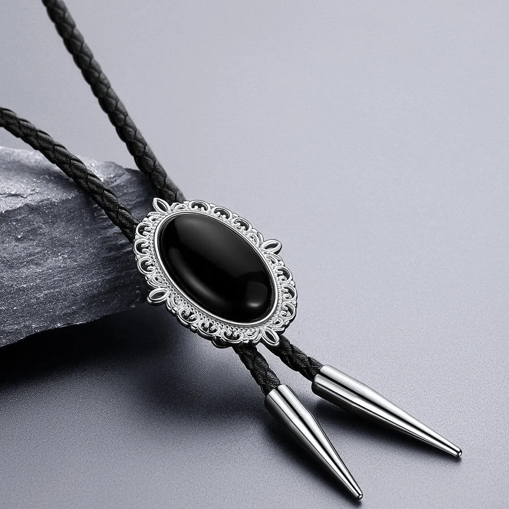 Western Black Onyx Bolo Tie Leather Neckties for Men