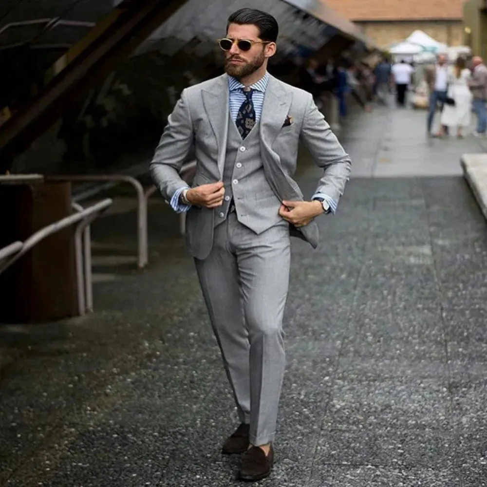 Wiaofellas  -  Gray Fashion Men Suits 3 Piece Formal Business Casual Wear Groom Tuxedos Wedding Elegant Peak Lapel Suit (Jacket Pants Vest)