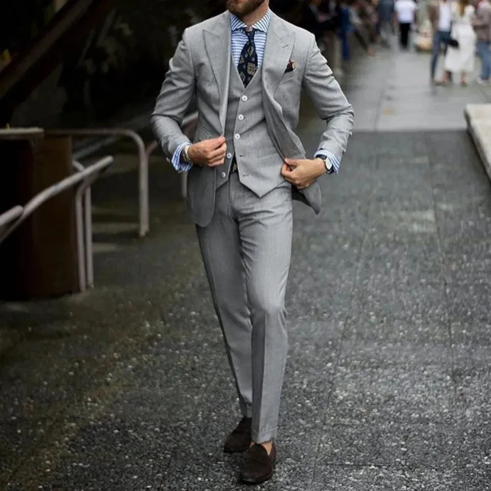 Wiaofellas  -  Gray Fashion Men Suits 3 Piece Formal Business Casual Wear Groom Tuxedos Wedding Elegant Peak Lapel Suit (Jacket Pants Vest)
