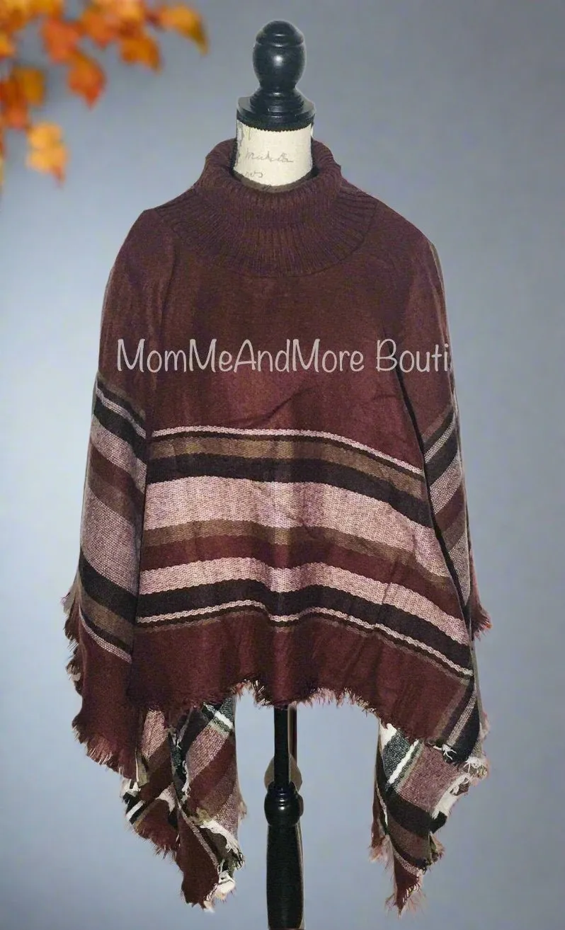 Womens Plaid Poncho Turtle Neck Sweater Brown/Black/White Size OS